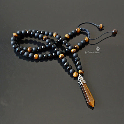 Crystal jewelry Long men's necklace Healing crystal necklace Onyx Tigers Eye pendant necklace Black brown necklace Shamballa energy necklace