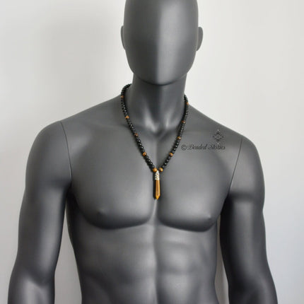 Crystal jewelry Long men's necklace Healing crystal necklace Onyx Tigers Eye pendant necklace Black brown necklace Shamballa energy necklace