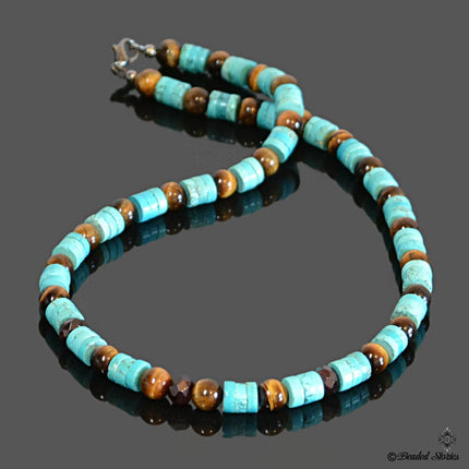 Turquoise Garnet Tigers Eye beaded necklace January birthstone jewelry December birthstone jewelry Native American necklace Birthday gift