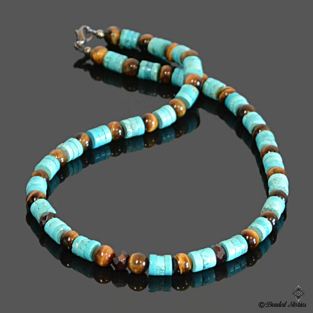 Turquoise Garnet Tigers Eye beaded necklace January birthstone jewelry December birthstone jewelry Native American necklace Birthday gift