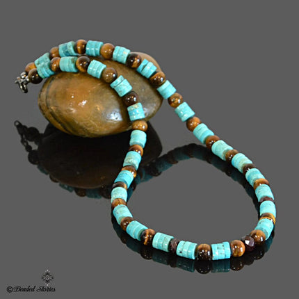 Turquoise Garnet Tigers Eye beaded necklace January birthstone jewelry December birthstone jewelry Native American necklace Birthday gift