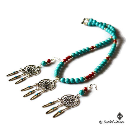 Mother's Day Gift - Native American Necklace Earrings for Women - Dream Catcher Ethnic Jewelry for Her - Red Coral Blue Howlite Jewelry Set