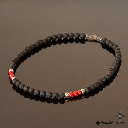 Black & Red Necklace for Men - Volcanic Lava and Coral Men's Necklace - Choker Necklace - Essential Oil Diffuser Necklace - Gift for Men