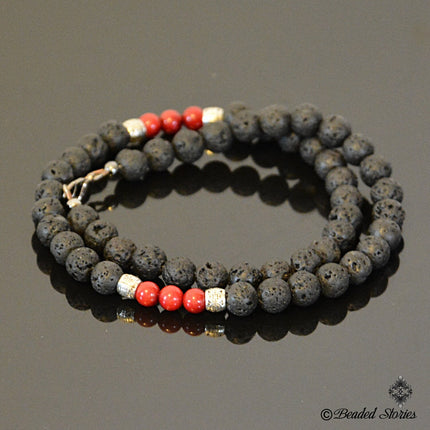 Black & Red Necklace for Men - Volcanic Lava and Coral Men's Necklace - Choker Necklace - Essential Oil Diffuser Necklace - Gift for Men