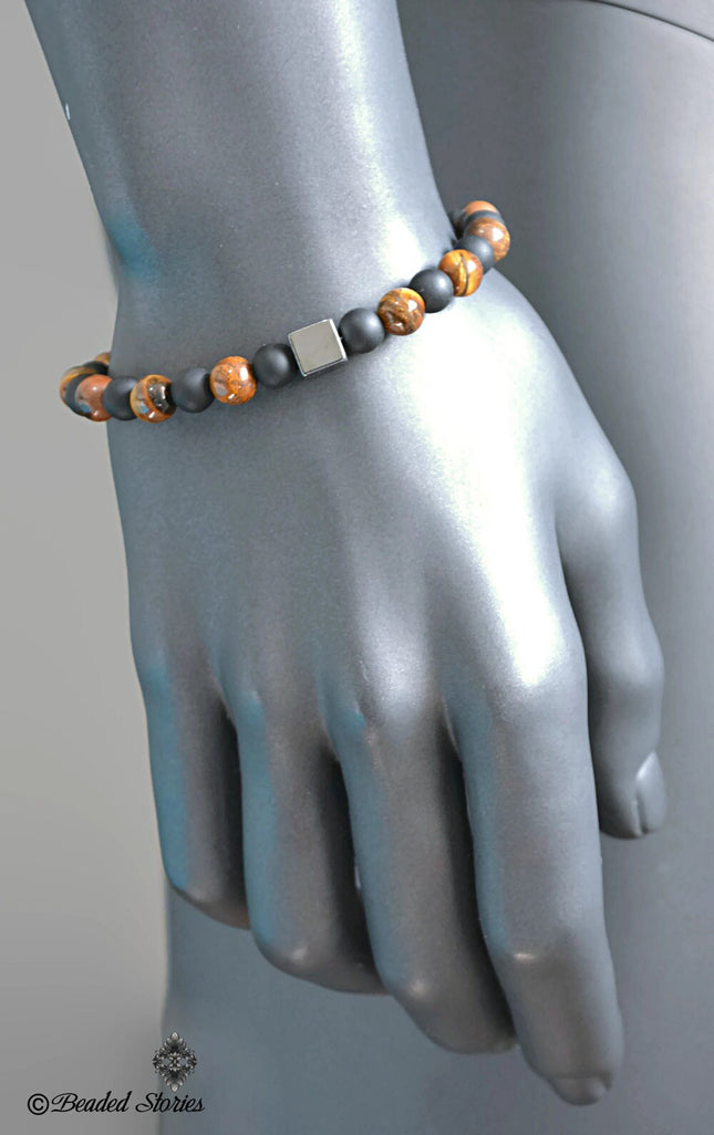 July Birthstone Hematite Tigers Eye & Black Onyx Beaded Bracelet for Men - Healing Crystal Men's Bracelet - Birthstone Birthday Gift for Him