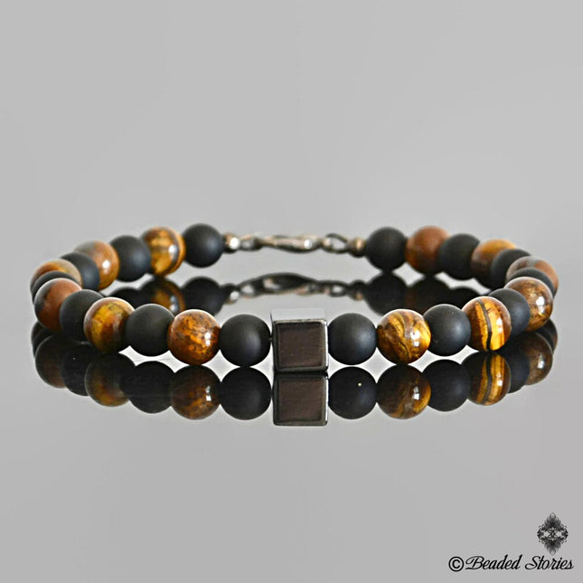 July Birthstone Hematite Tigers Eye & Black Onyx Beaded Bracelet for Men - Healing Crystal Men's Bracelet - Birthstone Birthday Gift for Him