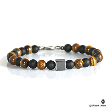 July Birthstone Hematite Tigers Eye & Black Onyx Beaded Bracelet for Men - Healing Crystal Men's Bracelet - Birthstone Birthday Gift for Him