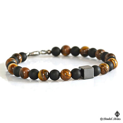 July Birthstone Hematite Tigers Eye & Black Onyx Beaded Bracelet for Men - Healing Crystal Men's Bracelet - Birthstone Birthday Gift for Him