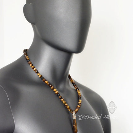 Tigers Eye & Black Onyx Long Beaded Necklace -Point Pendant Necklace – Men’s Necklace - Gemstone Crystal Necklace - Healing Crystal Jewelry – Handmade Jewelry Gifts for Men by Beaded Stories