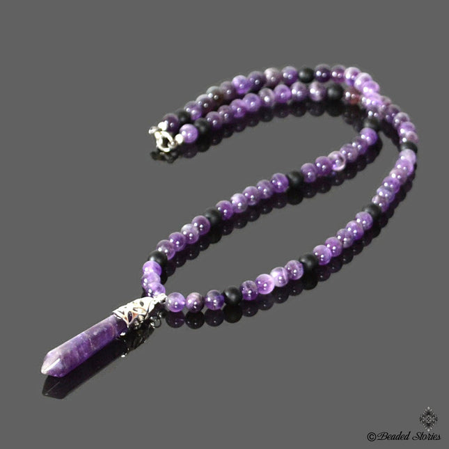 Handmade Amethyst and Onyx beaded necklace for men. Purple and black.