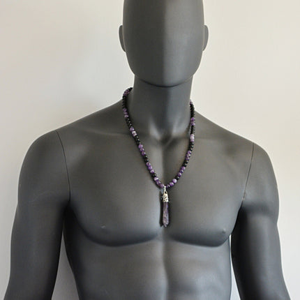 Beaded Necklace Mens necklace Yoga Jewelry Healing crystal point necklace Onyx & Amethyst necklace Energy Reiki necklace February Birthstone