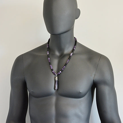 Beaded Necklace Mens necklace Yoga Jewelry Healing crystal point necklace Onyx & Amethyst necklace Energy Reiki necklace February Birthstone