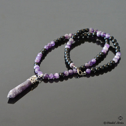 Beaded Necklace Mens necklace Yoga Jewelry Healing crystal point necklace Onyx & Amethyst necklace Energy Reiki necklace February Birthstone