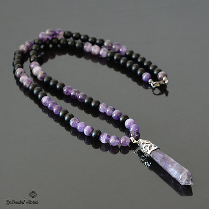 Beaded Necklace Mens necklace Yoga Jewelry Healing crystal point necklace Onyx & Amethyst necklace Energy Reiki necklace February Birthstone