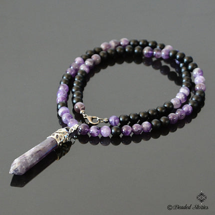 Beaded Necklace Mens necklace Yoga Jewelry Healing crystal point necklace Onyx & Amethyst necklace Energy Reiki necklace February Birthstone