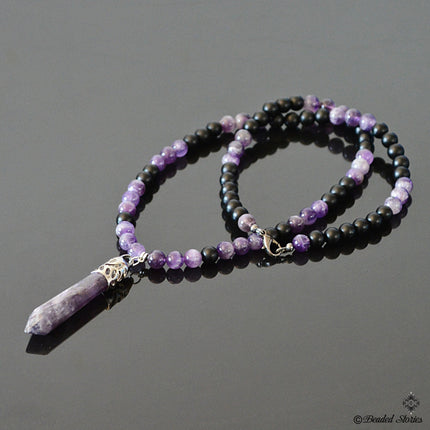 Beaded Necklace Mens necklace Yoga Jewelry Healing crystal point necklace Onyx & Amethyst necklace Energy Reiki necklace February Birthstone