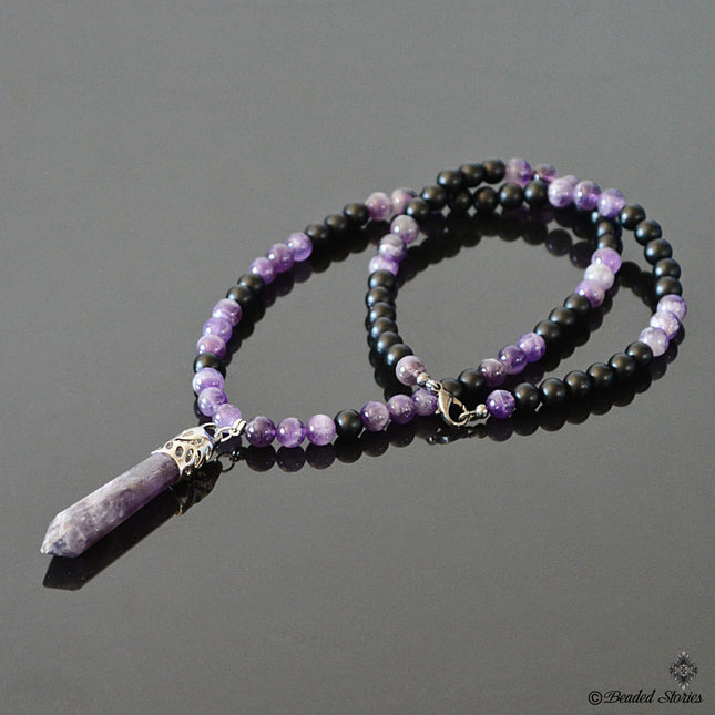 Beaded Necklace Mens necklace Yoga Jewelry Healing crystal point necklace Onyx & Amethyst necklace Energy Reiki necklace February Birthstone
