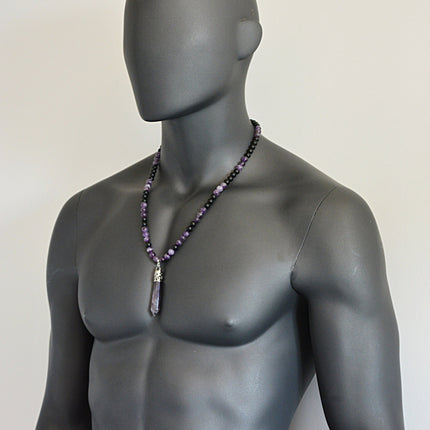 Beaded Necklace Mens necklace Yoga Jewelry Healing crystal point necklace Onyx & Amethyst necklace Energy Reiki necklace February Birthstone
