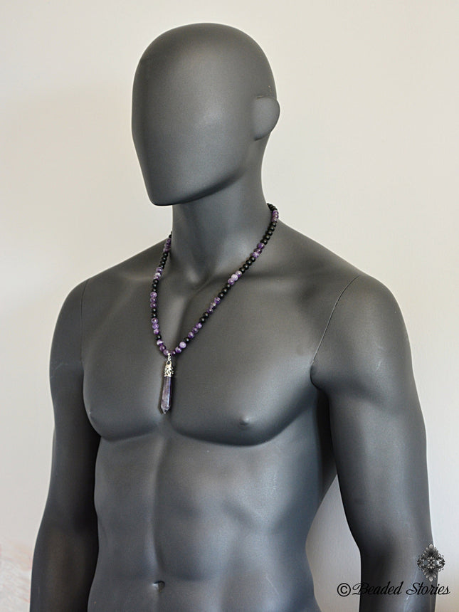 Beaded Necklace Mens necklace Yoga Jewelry Healing crystal point necklace Onyx & Amethyst necklace Energy Reiki necklace February Birthstone