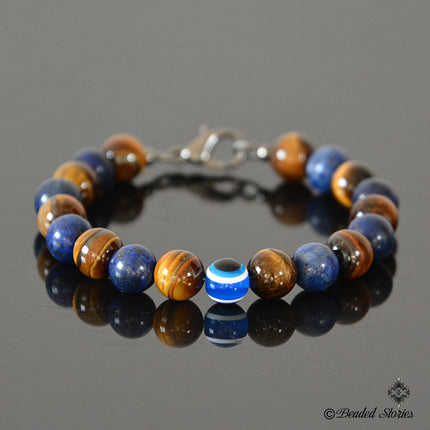 Evil Eye Bracelet - Mens Beaded Bracelet - Tiger Eye Lapis Lazuli Jewelry for Men - September Birthstone Gifts for Him - Protection Bracelet