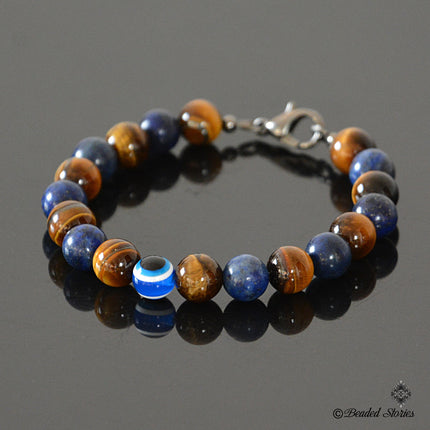 Evil Eye Bracelet - Mens Beaded Bracelet - Tiger Eye Lapis Lazuli Jewelry for Men - September Birthstone Gifts for Him - Protection Bracelet