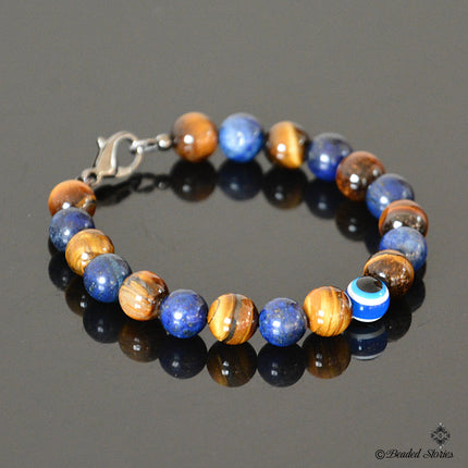 Evil Eye Bracelet - Mens Beaded Bracelet - Tiger Eye Lapis Lazuli Jewelry for Men - September Birthstone Gifts for Him - Protection Bracelet