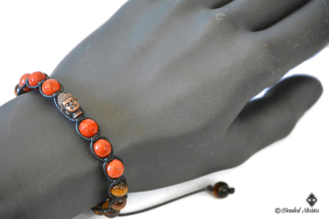 Buddha Bracelet for Men - Boho Beaded Bracelet - Spiritual Shambhala Mens Bracelet - Red Jasper Tigers Eye Bracelet - Birthday Gift for Men