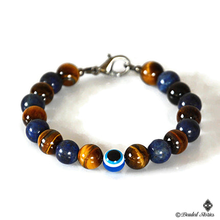 Evil Eye Bracelet - Mens Beaded Bracelet - Tiger Eye Lapis Lazuli Jewelry for Men - September Birthstone Gifts for Him - Protection Bracelet