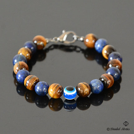 Evil Eye Bracelet - Mens Beaded Bracelet - Tiger Eye Lapis Lazuli Jewelry for Men - September Birthstone Gifts for Him - Protection Bracelet