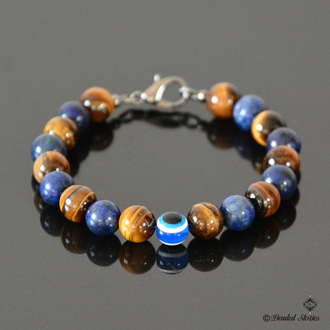 Evil Eye Bracelet - Mens Beaded Bracelet - Tiger Eye Lapis Lazuli Jewelry for Men - September Birthstone Gifts for Him - Protection Bracelet
