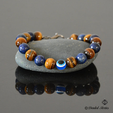 Evil Eye Bracelet - Mens Beaded Bracelet - Tiger Eye Lapis Lazuli Jewelry for Men - September Birthstone Gifts for Him - Protection Bracelet
