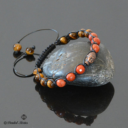 Buddha Bracelet for Men - Boho Beaded Bracelet - Spiritual Shambhala Mens Bracelet - Red Jasper Tigers Eye Bracelet - Birthday Gift for Men