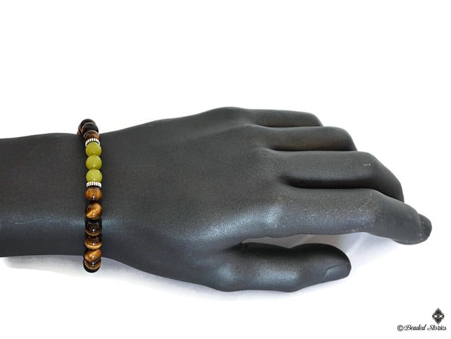 Beaded Bracelet - August Birthday Gifts - Men's Bracelet - Tigers Eye Peridot Bracelet for Men - August Birthstone Jewelry Gift for Dad Son