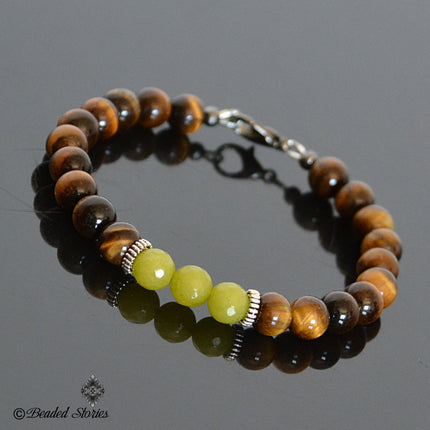 Beaded Bracelet - August Birthday Gifts - Men's Bracelet - Tigers Eye Peridot Bracelet for Men - August Birthstone Jewelry Gift for Dad Son