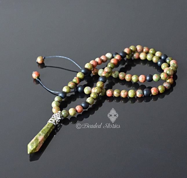 Mens Beaded Necklace - Men's Necklace - Scorpio Jewelry - Addiction Recovery Jewelry - Onyx & Unakite Necklace - Healing Shamballa Necklace