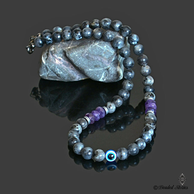 Amethyst Labradorite Necklace Evil Eye Necklace for Men Beaded Necklace February Birthstone Jewelry Protection Amulet Necklace Birthday Gift