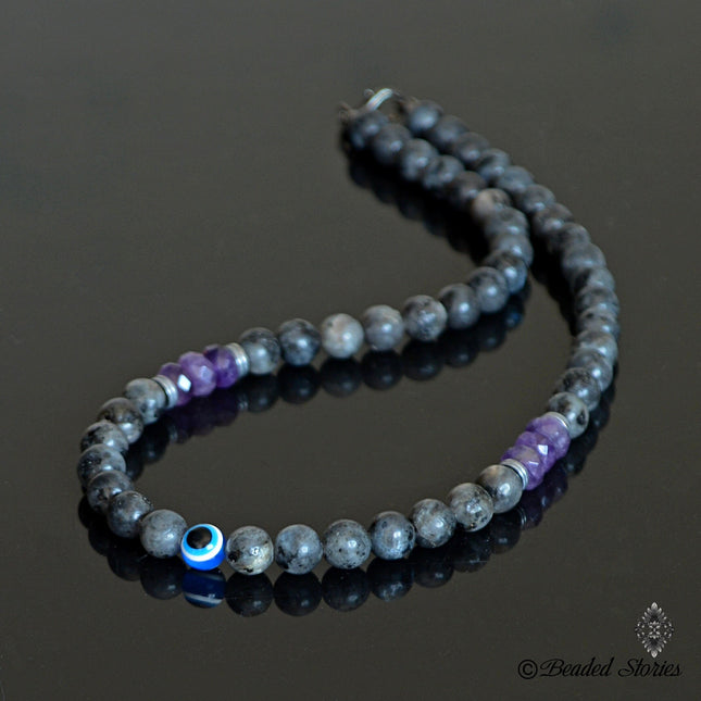 Amethyst Labradorite Necklace Evil Eye Necklace for Men Beaded Necklace February Birthstone Jewelry Protection Amulet Necklace Birthday Gift
