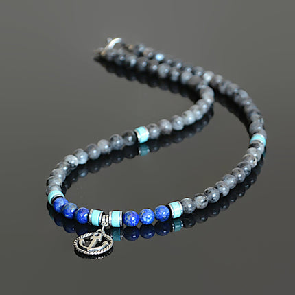 Mens Beaded Necklace September Birthstone Lapis Turquoise Labradorite Nautical Anchor Choker Necklace Healing Jewelry Birthday Gifts for Him