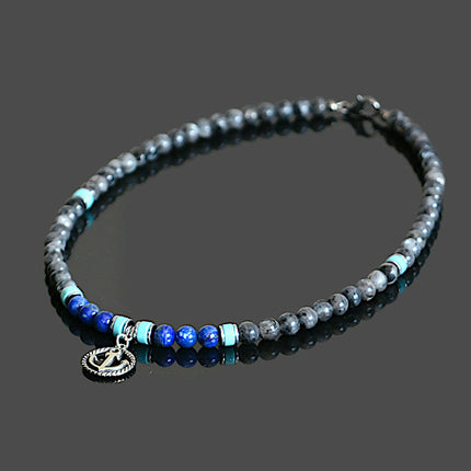 Mens Beaded Necklace September Birthstone Lapis Turquoise Labradorite Nautical Anchor Choker Necklace Healing Jewelry Birthday Gifts for Him