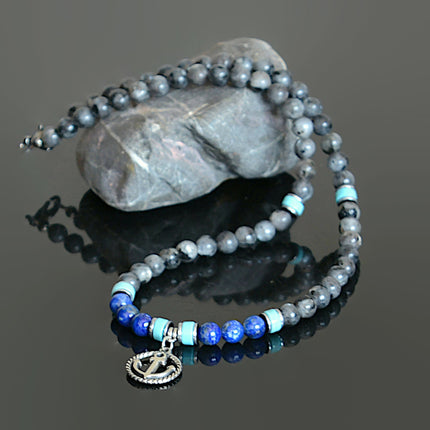 Mens Beaded Necklace September Birthstone Lapis Turquoise Labradorite Nautical Anchor Choker Necklace Healing Jewelry Birthday Gifts for Him