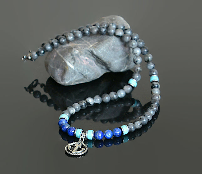 Mens Beaded Necklace September Birthstone Lapis Turquoise Labradorite Nautical Anchor Choker Necklace Healing Jewelry Birthday Gifts for Him