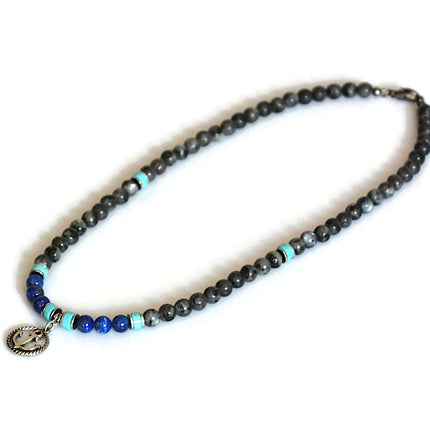 Mens Beaded Necklace September Birthstone Lapis Turquoise Labradorite Nautical Anchor Choker Necklace Healing Jewelry Birthday Gifts for Him