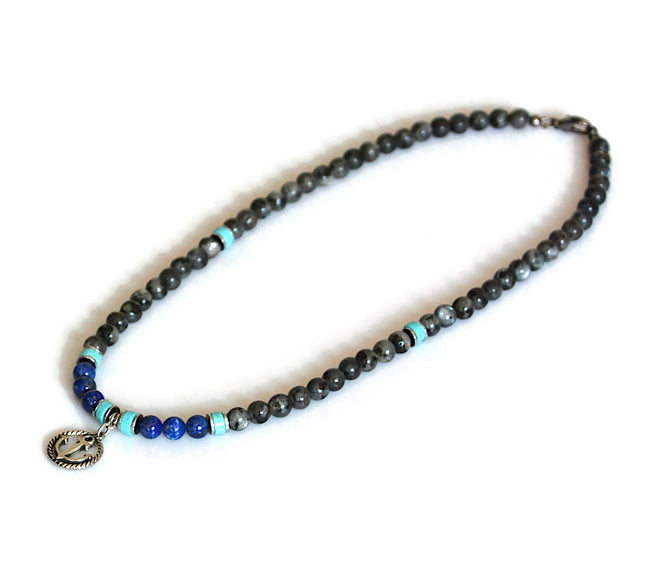 Mens Beaded Necklace September Birthstone Lapis Turquoise Labradorite Nautical Anchor Choker Necklace Healing Jewelry Birthday Gifts for Him