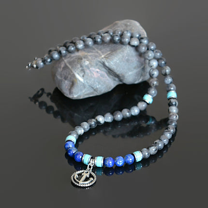 Mens Beaded Necklace September Birthstone Lapis Turquoise Labradorite Nautical Anchor Choker Necklace Healing Jewelry Birthday Gifts for Him