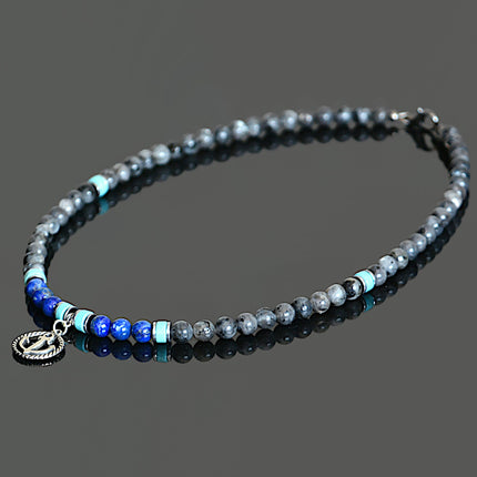 Mens Beaded Necklace September Birthstone Lapis Turquoise Labradorite Nautical Anchor Choker Necklace Healing Jewelry Birthday Gifts for Him