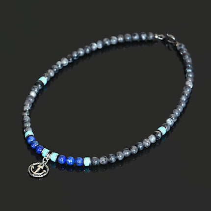 Mens Beaded Necklace September Birthstone Lapis Turquoise Labradorite Nautical Anchor Choker Necklace Healing Jewelry Birthday Gifts for Him