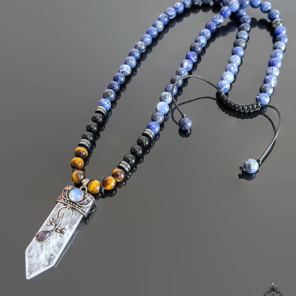 April Birthstone Necklace Crystal Quartz Black Onyx Tigers Eye Sodalite Long Beaded Necklace Healing Crystal Gift for Men Protection Jewelry