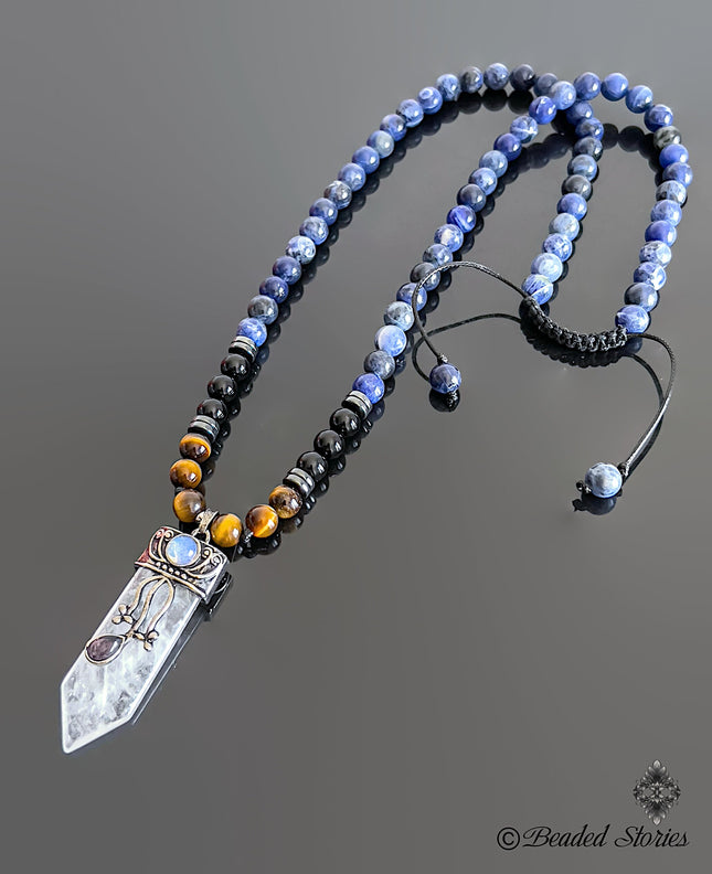 April Birthstone Necklace Crystal Quartz Black Onyx Tigers Eye Sodalite Long Beaded Necklace Healing Crystal Gift for Men Protection Jewelry