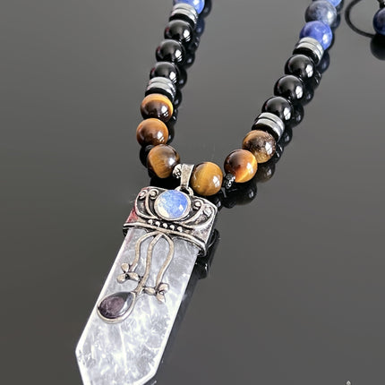 April Birthstone Necklace Crystal Quartz Black Onyx Tigers Eye Sodalite Long Beaded Necklace Healing Crystal Gift for Men Protection Jewelry