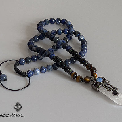 April Birthstone Necklace Crystal Quartz Black Onyx Tigers Eye Sodalite Long Beaded Necklace Healing Crystal Gift for Men Protection Jewelry